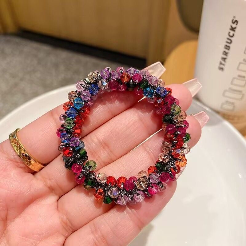 Colorful imitation crystal beaded hairband, fashionable and versatile, suitable for all kinds of hairstyles. Girls' ponytail hair elastic band, new style.
