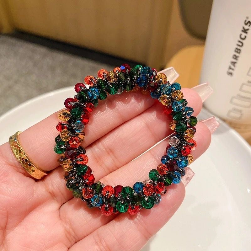 Colorful imitation crystal beaded hairband, fashionable and versatile, suitable for all kinds of hairstyles. Girls' ponytail hair elastic band, new style.