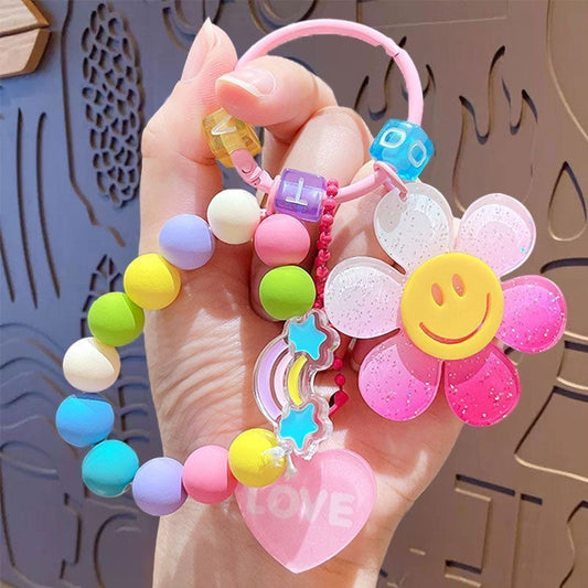 Cartoon sunflower beaded mobile phone bracelet, creative rainbow car keychain, bag, car pendant, small gift