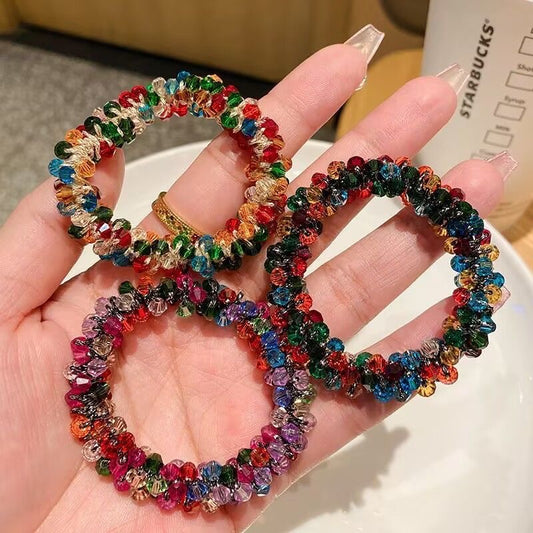 Colorful imitation crystal beaded hairband, fashionable and versatile, suitable for all kinds of hairstyles. Girls' ponytail hair elastic band, new style.